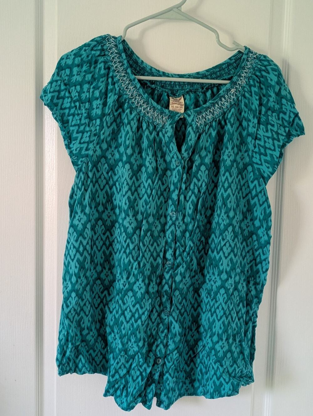Vintage Y2K Faded Glory Blouse XL Teal Pattern Peasant Prairie Cottagecore Boho